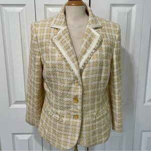 Vintage Tweed Amanda Smith Women's Cream Plaid Blazer Size 14 W